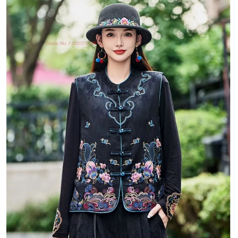 

2025 chinese vintage cotton-padded vest sleeveless jacket flower embroidery satin jacquard stand collar vest retro hanfu tops