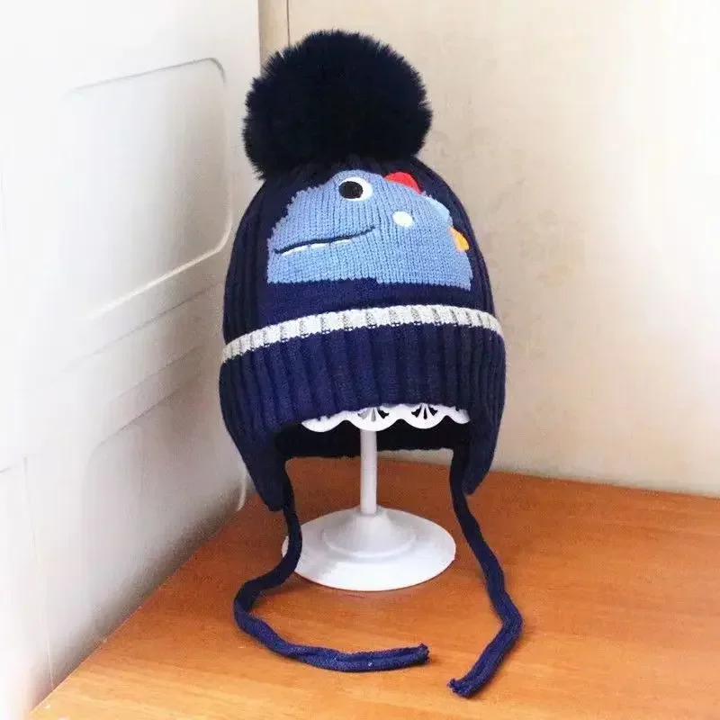 Winter Children Knitted Hats Cartoon Dinosaur Boys Girls Ear Protection Hat Cute Warm Baby Thicken Beanies Cap Kids Accessories