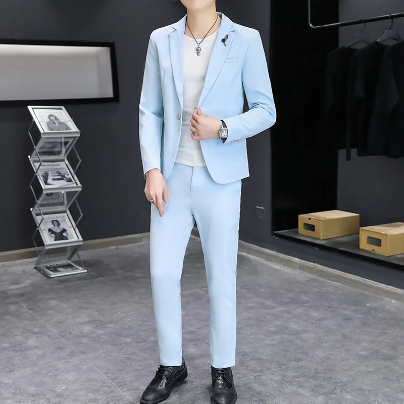 Solid Color Business Casual Suits Jacket & Full-Length Pant High Street Slim Fit Wear Two-Piece Men's Sets Blazers Coat Clothing