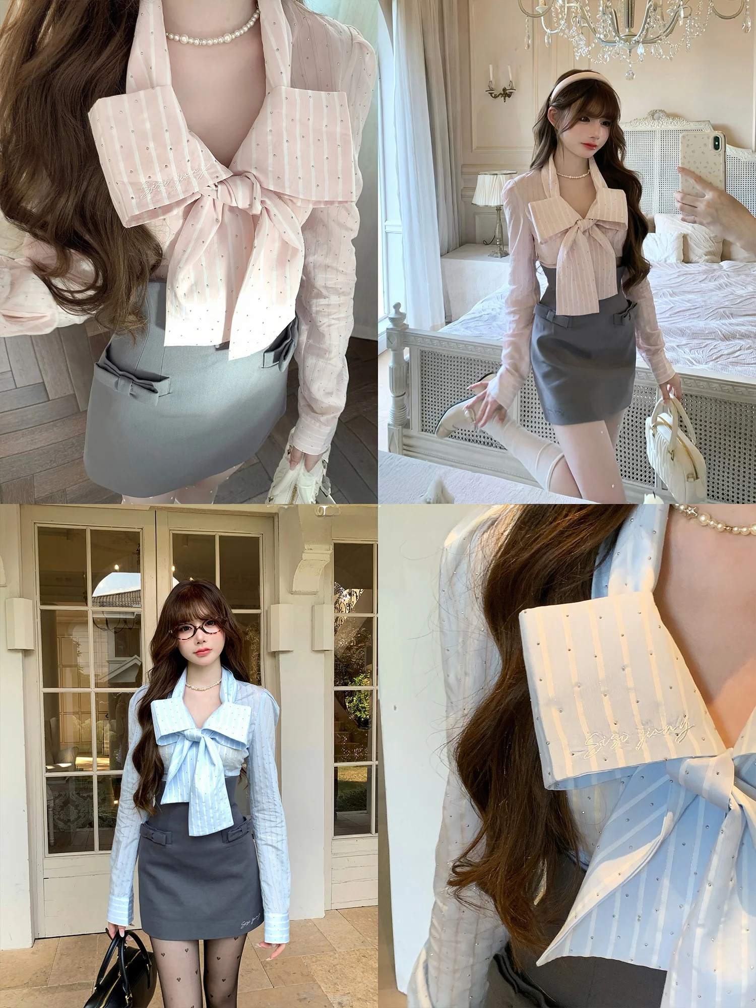 

Sweet Double Repair Knot Fla Diamond Design Two Color Long Sve irt Sweet Sle Slim Fit Women's Top for Earl...