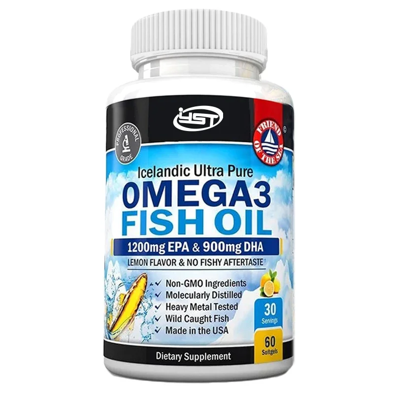 Omega 3 fish oil supplement 1200mg EPA and 900mg DHA fatty acids - supports joint, eye, and skin health with 60 soft capsules