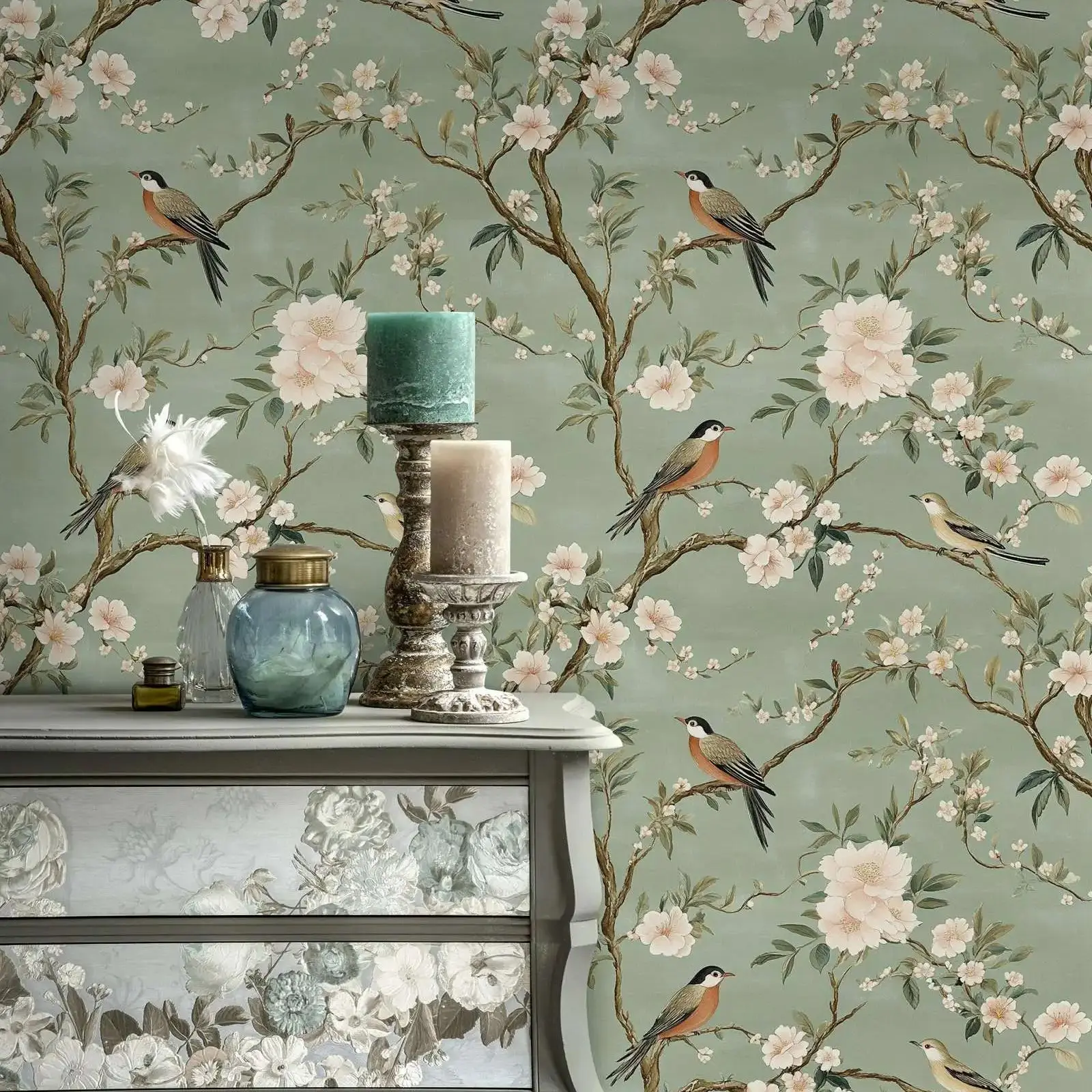 Charming Bird and Blossom Wallpaper Peel and Stick,Elegant Green Botanical Mural For Sophisticated Wall,Self-adhesive /Un-paste