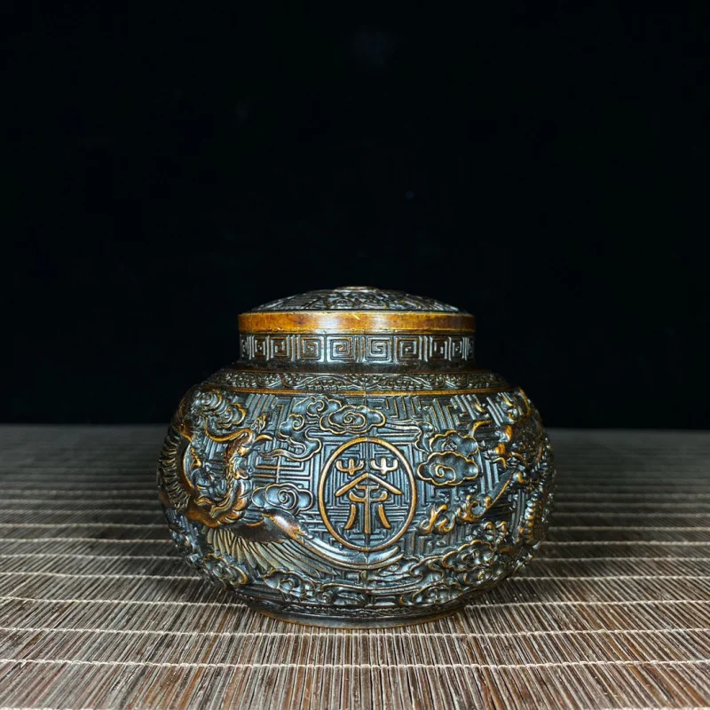 

Латунная рельефная канистра для чая Дракон и Феникс, медный орнамент, домашний герметичный ящик для хранения, орнамент
