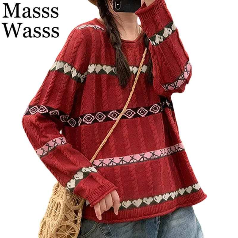 

Masss Wasss Japanese Winter Jumpers Womens Fashion Printed Loose Sweaters Ladies Classic Casual Oversized Warm Knitted Pullover