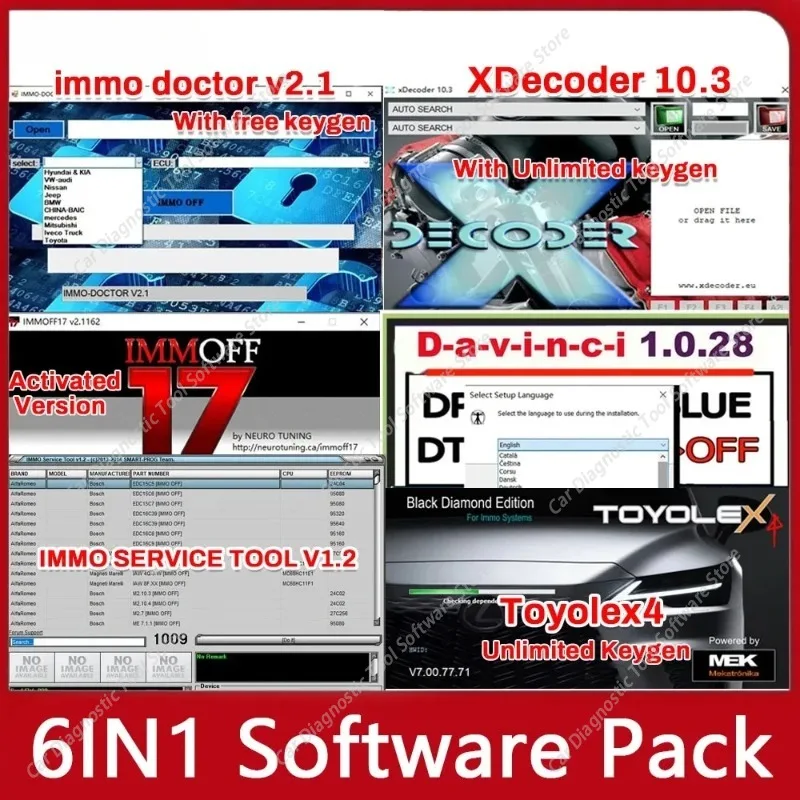IMMO DOCTOR V2.1+XDecoder 10.3+Davinci 1.0.28+IMMOFF17+IMMO Service Tool V1.2+Toyolex4 Unlimited Keygen 6in1 Car Repair software
