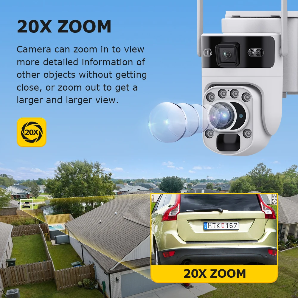 UBOX 12MP Outdoor 4G Sim Solar Camera 20X ZOOM Dual Lens Wireless Security Camera PIR Night Vision Auto Tracking Human Detection