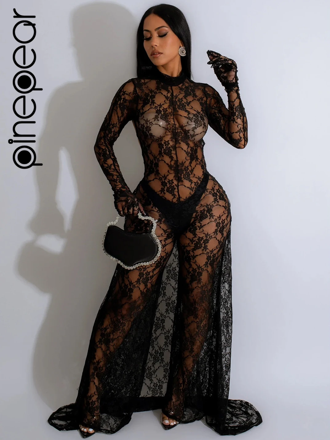 

PinePear New 2024 Beautiful See Through Lace Wide Leg Pants Jumpsuits For Women Long Sleeve Backless Cape Rompers Night Out Wear