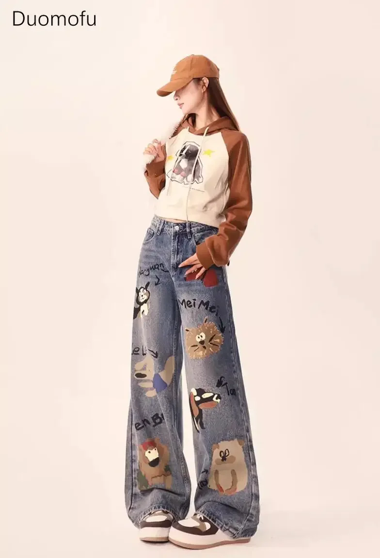 Duomofu 가을 플러시 스타일 세련된 달콤한 낙서 느슨한 여성 청바지 새로운 기본 높은 허리 슬림 캐주얼 스트레이트 패션 여성 청바지
