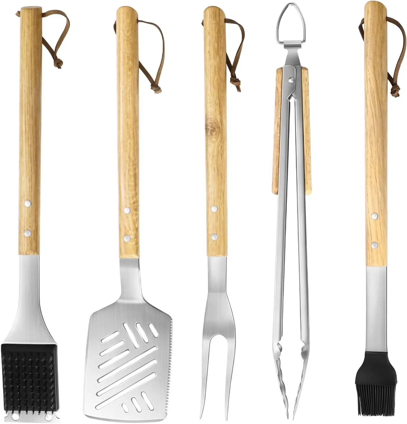 

Набор из 5 прочных инструментов для барбекю: лопатка, вилка, щипцы, кисточка из нержавеющей стали — идеальный подарок для любителей гриля