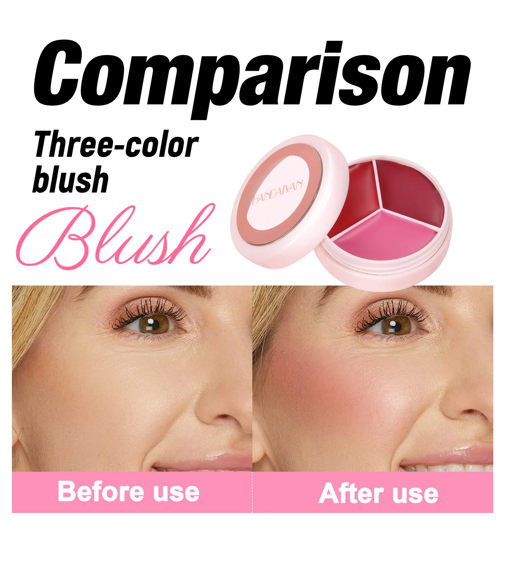 Flüssiges Gesichtsrouge, 3-farbig, vielseitig einsetzbar, mattes Rouge, Creme, Highlight-Lippenrouge, 3-in-1, wasserfest, natürlich, seidig, hochpigmentiertes Make-up