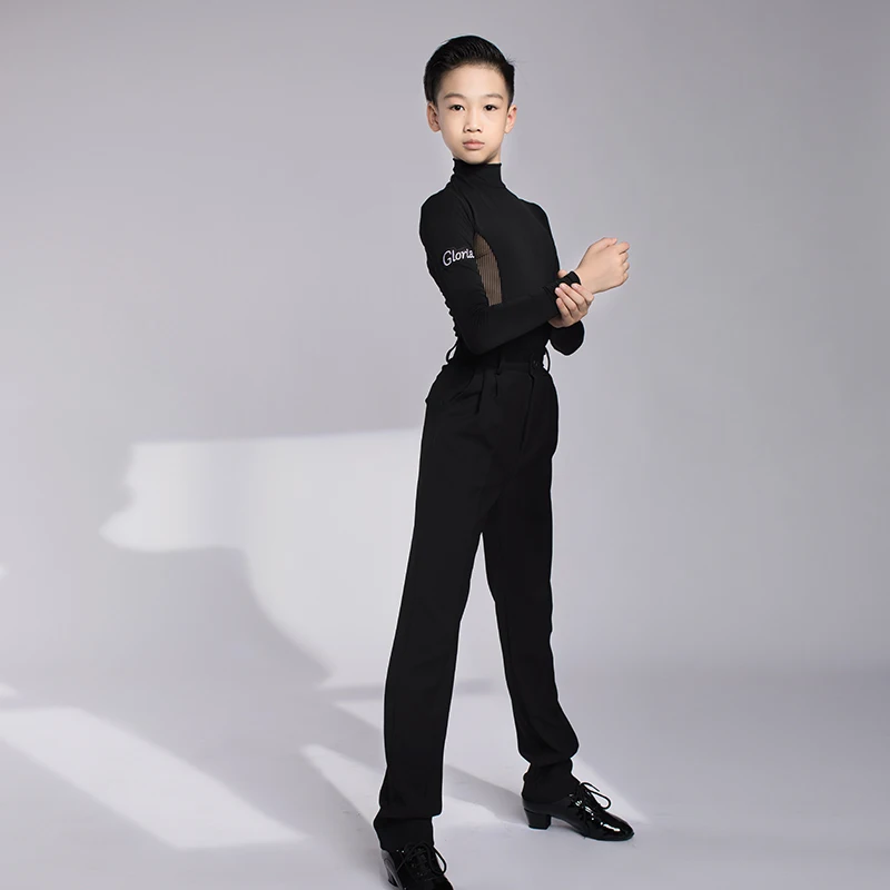 Boys Latin Dance Competition Costume Black Long Sleeve Tops Pants Ballroom Dance Clothing Professional Latin Clothes DL10836