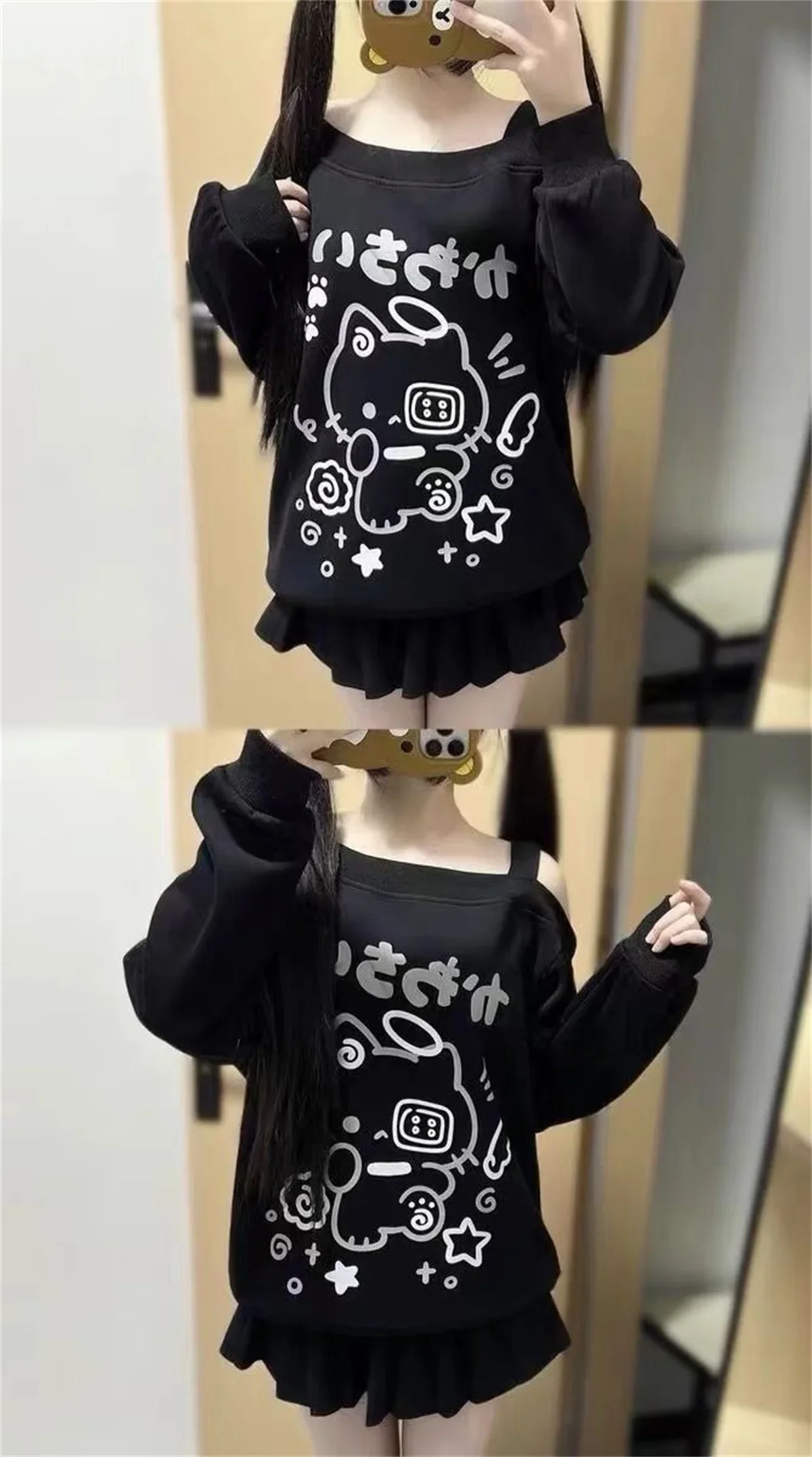 Japanische T-Shirts 2025 Damenbekleidung Schleife Cartoon Langarm Camisetas Schulterfreie Lose T-Shirts Lässige Mode T-Shirts Y2k Tops – Detail 28