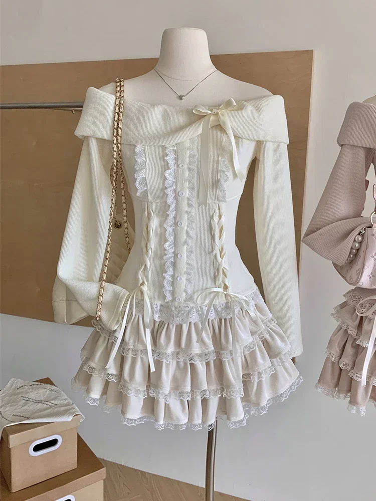 Winter Knitted Japanese Kawaii Y2k 2 Piece Set Women Lace Sweet Elegant Retro Skirt Suit Female Chic Tops + Cake Mini Skirt 2025