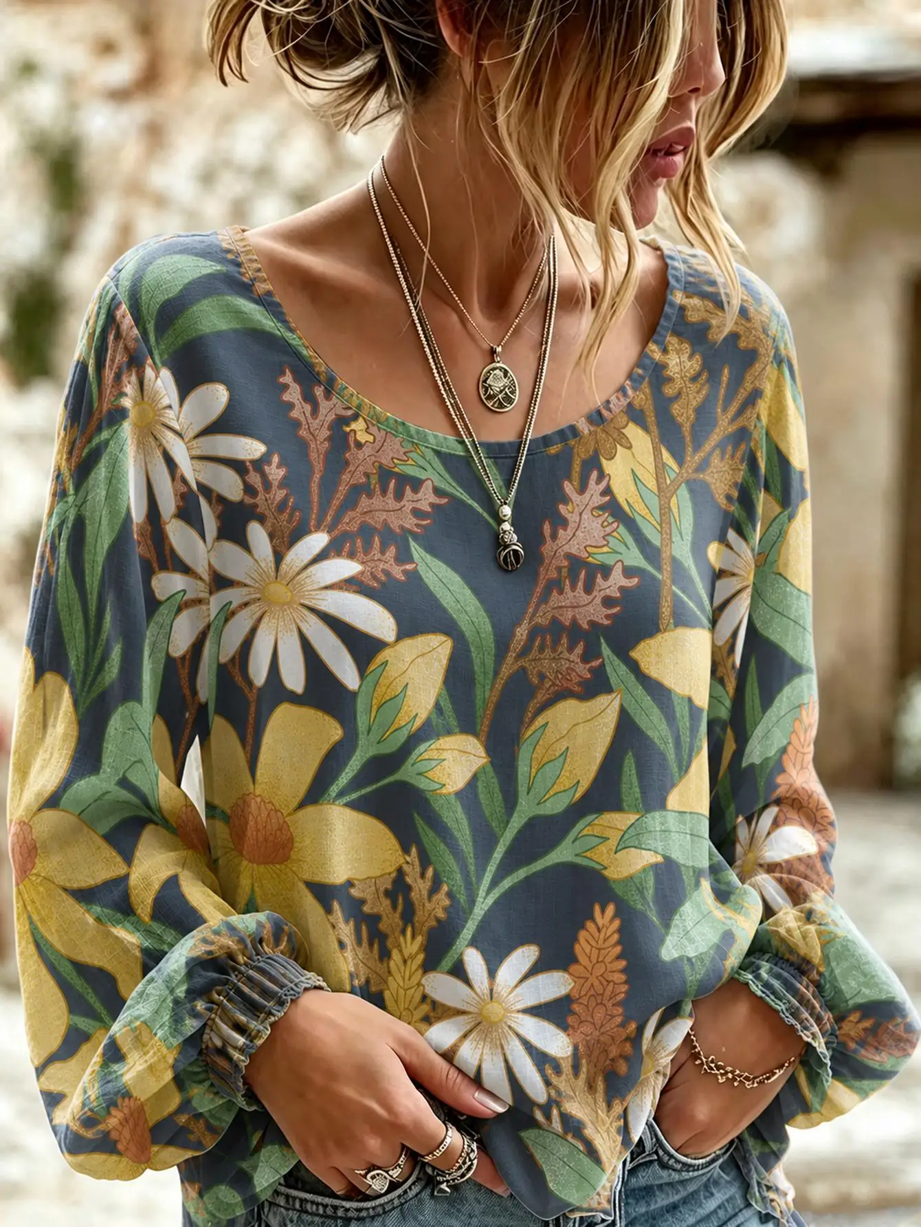 Women Plus Size Blouse 3D Floral Print Long Sleeve Loose Fit Casual Boho Tunic Top