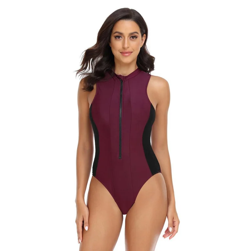 

New Sports One-Piece Swimsuit for Women with Zipper, Tight-Fitting Patchwork Swimwear, Ladies Surfing Suit Wholesale