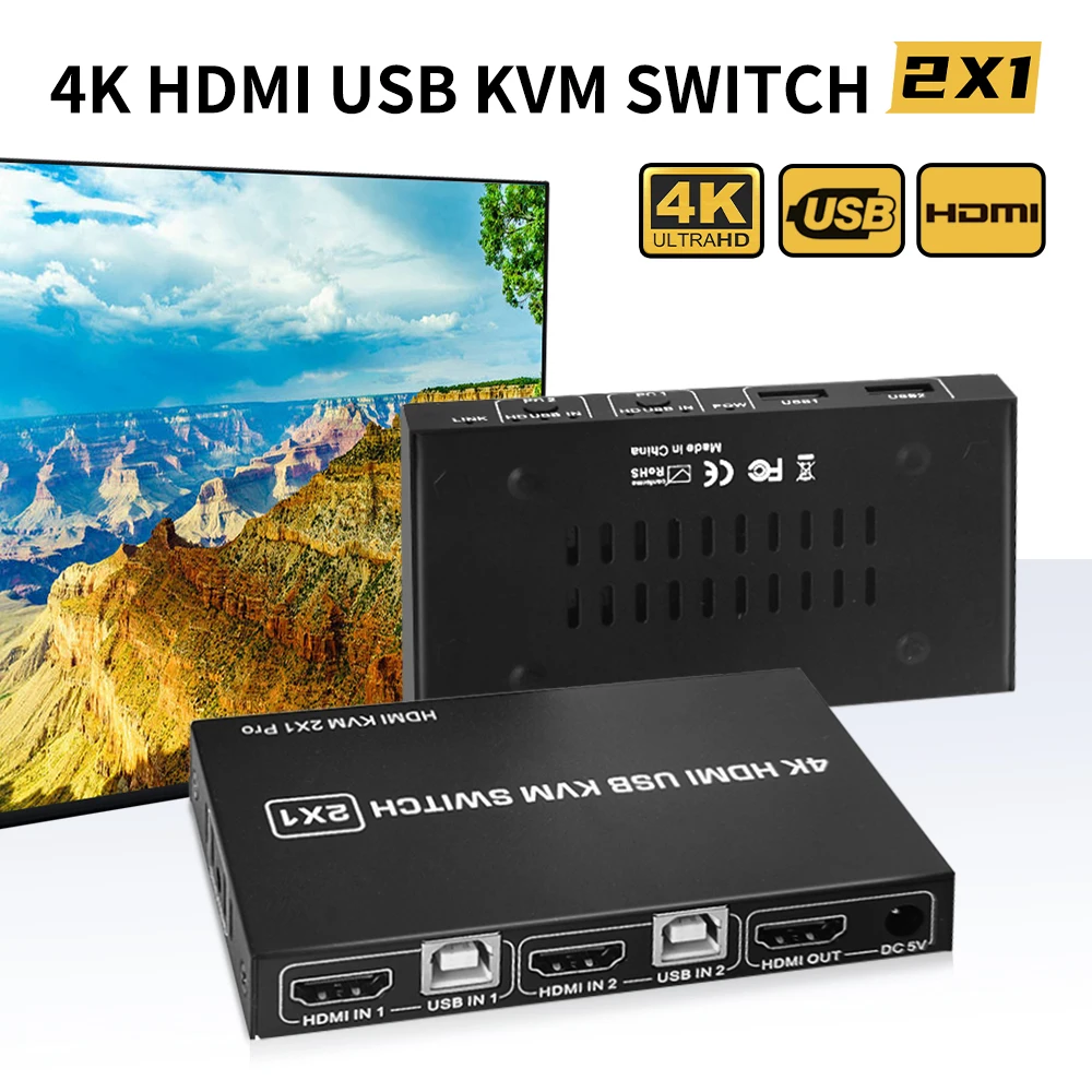 USB HDMI KVM Switch 4K 60Hz 2X1 HDMI 2.0 USB Switch KVM for dual PC/laptop sharing keyboard mouse Monitor 2-in-1 KVM