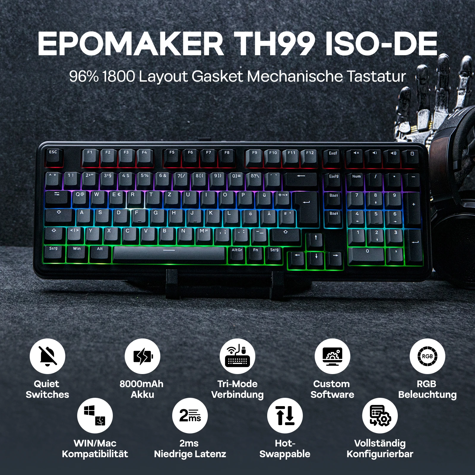 ISO-DE Layout EPOMAKER TH99 QWERTZ Layout 96% Creamy Gasket Wired/Bluetooth/2.4G Wireless Mechanical Keyboard with Knob/Numpad