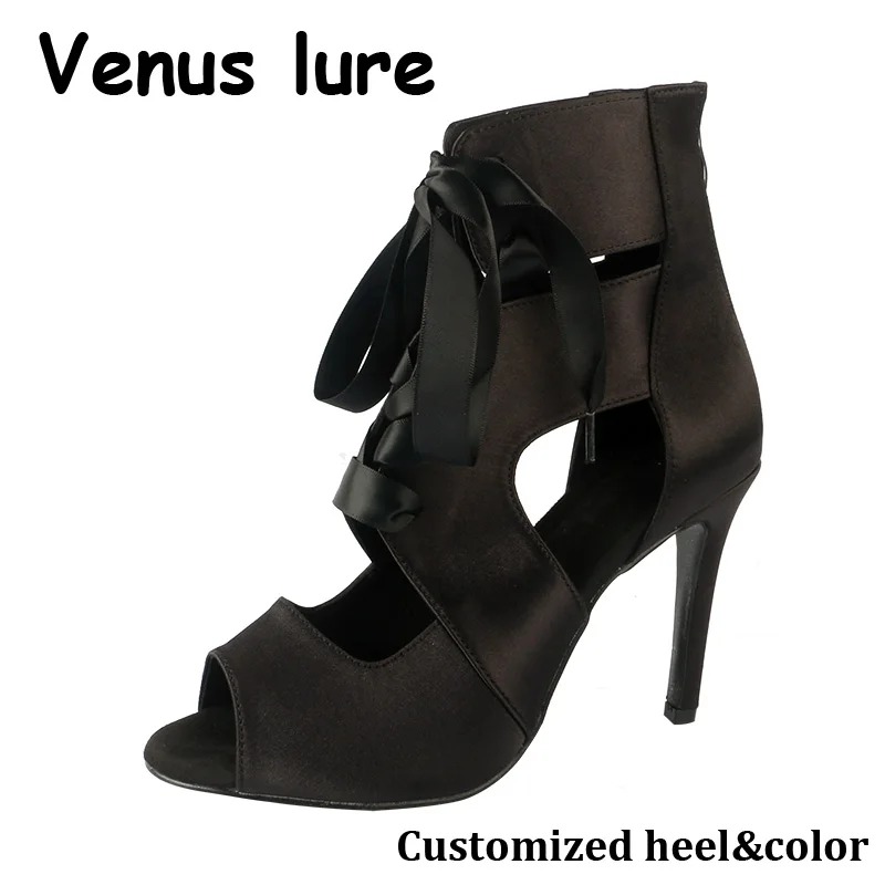 

Venus Lre Танцевальные сапоги на высоком каблуке Резиновая подошва 10 см Атласные танцевальные туфли на каблуке с лентой и галстуком Модные летние сандалии Черные сапоги