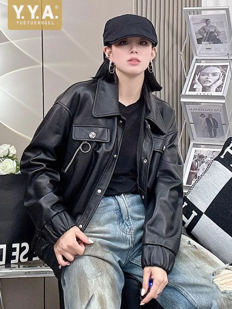 

Autumn New Women Motorcycle Biker Sheepskin Genuine Leather Jacket Loose FIt Single Breasted Real Leather Coat Casual Streetwear