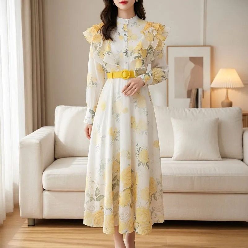 Rustic Floral Large Sleeve Long Dress Women's Holiday Photography Beautiful Fairy Tale Yellow Wide Hem Waist Inward Long Dress