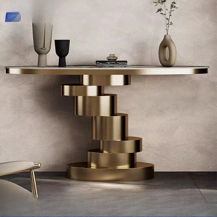 

Light luxury foyer entry modern simple stainless steel slate corridor villa marble entrance table oval case table