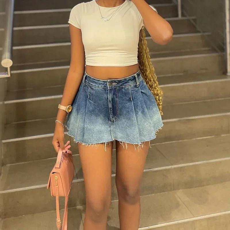 

Y2k Streetwear Raw Hem Pleated Denim Skirt Women's Summer Retro Fashion High Waisted Harajuku A-Line Mini Skirts