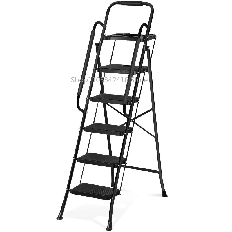 5-Step Folding Ladder with Tool Tray, Wide Non-Slip Anti-Skid Pedal Black Portable Safety Step Stool for Home Workshop Use