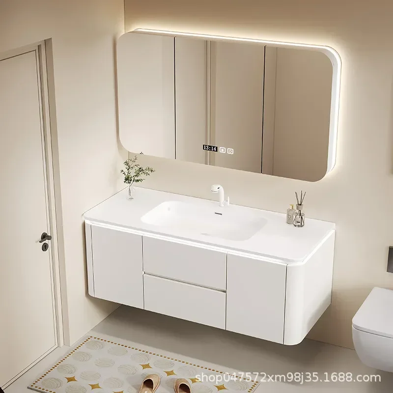 Cream Skin Style Corian Integrated Double Basin Bathroom Cabinet Oak Vanity Unit Wash Table with Sink Storage Combo Modern