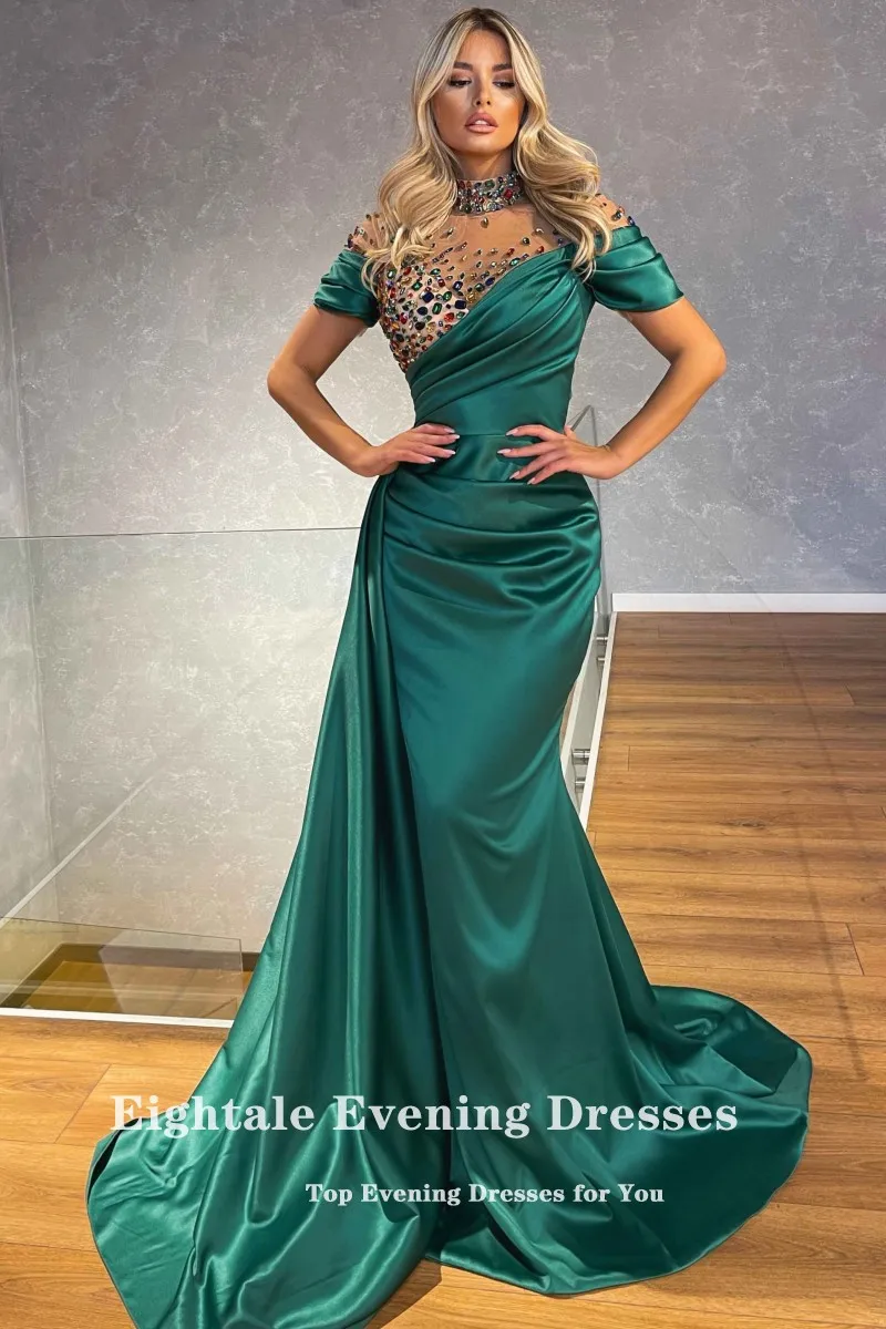 Eightale Arabisch Avondjurken Hoge Hals Korte Mouwen Kristallen Prom Gown Kralen Mermaid Royal Blue Satin Party Dress Vestido