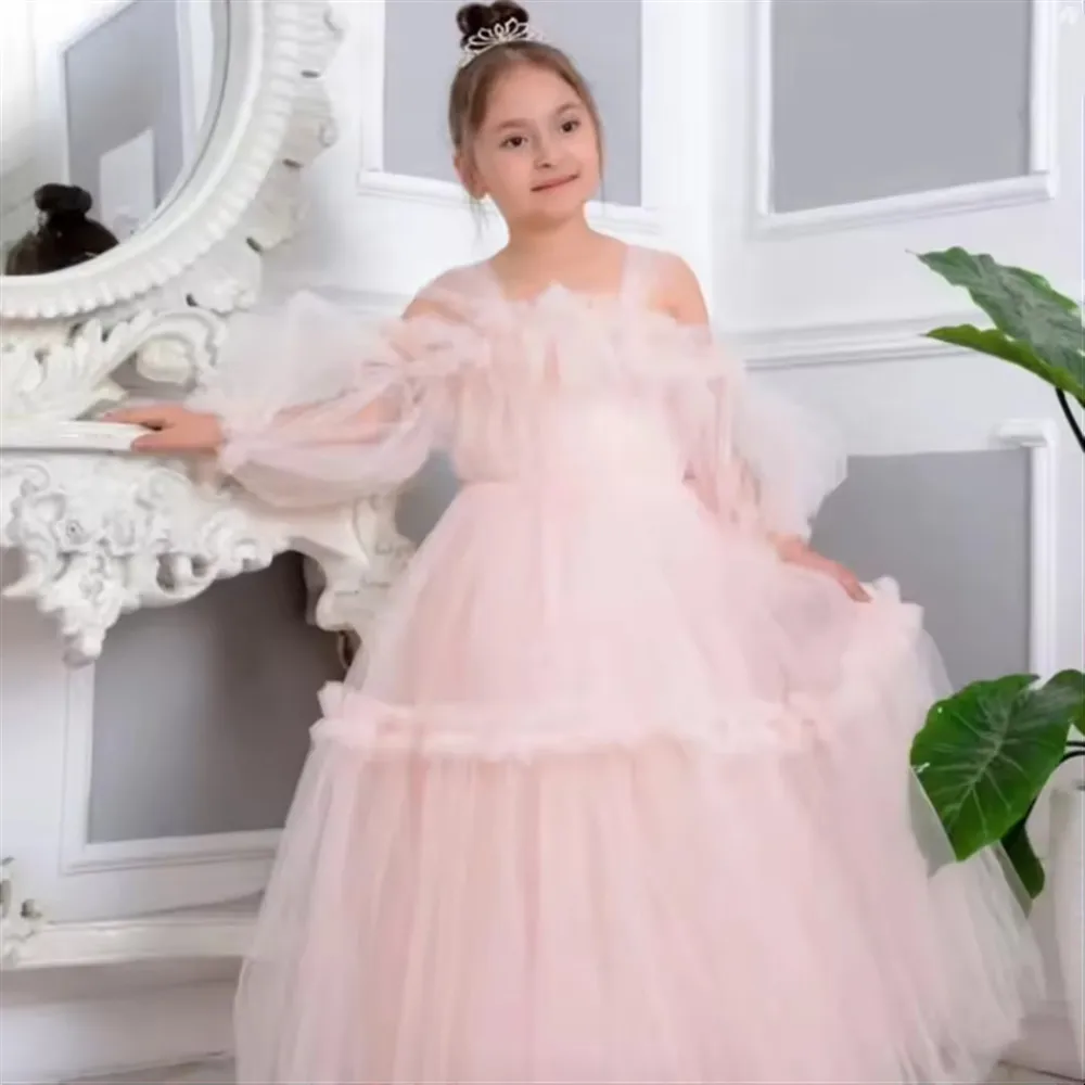 

Elegant Flower Girl Wedding Dress Full Sleeves Tiered Pleated Girls Birthday Party Dress Kids First Communion Gown Customized