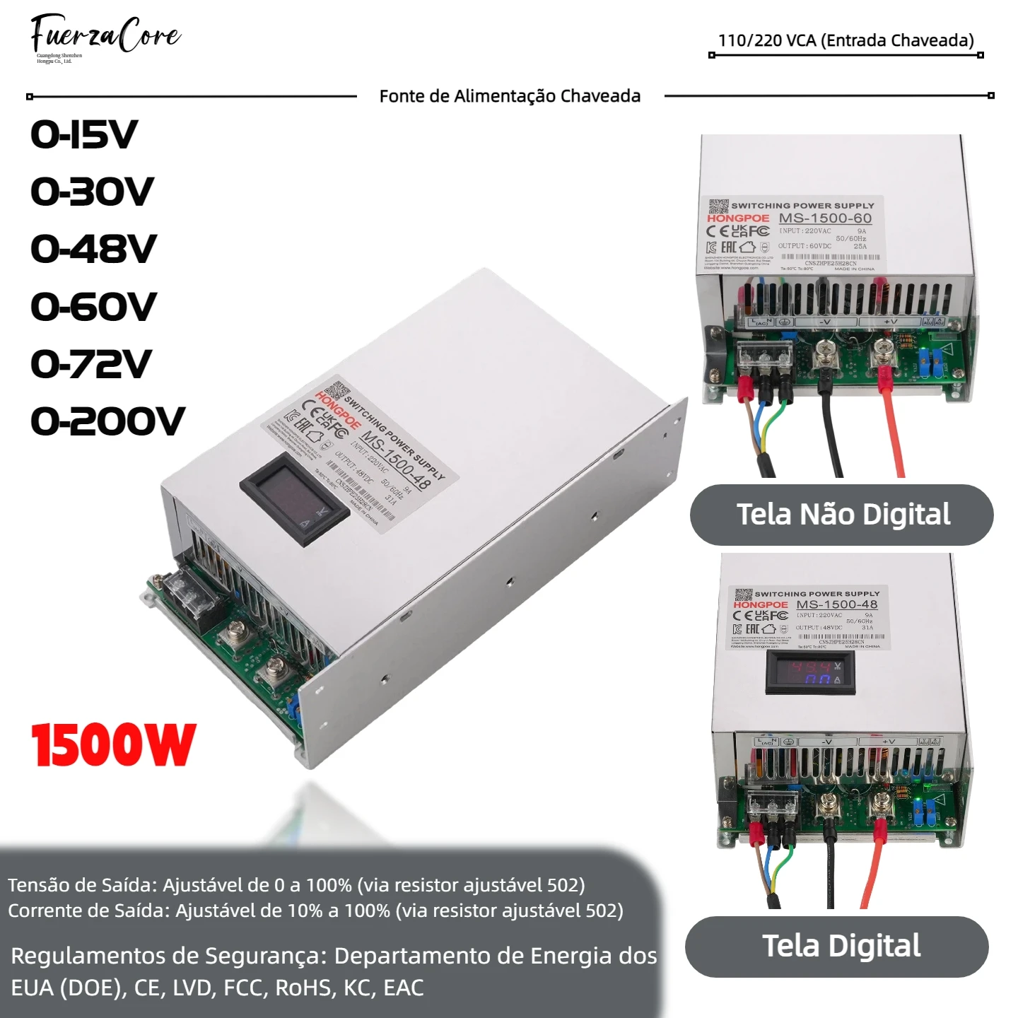 Fonte de alimentação comutada com display digital de 1500 W: 0-15 V, 30 V, 48 V, 60 V, 72 V, 200 V, 0-100% Tensão/corrente ajustável, 110/220 V CA-CC