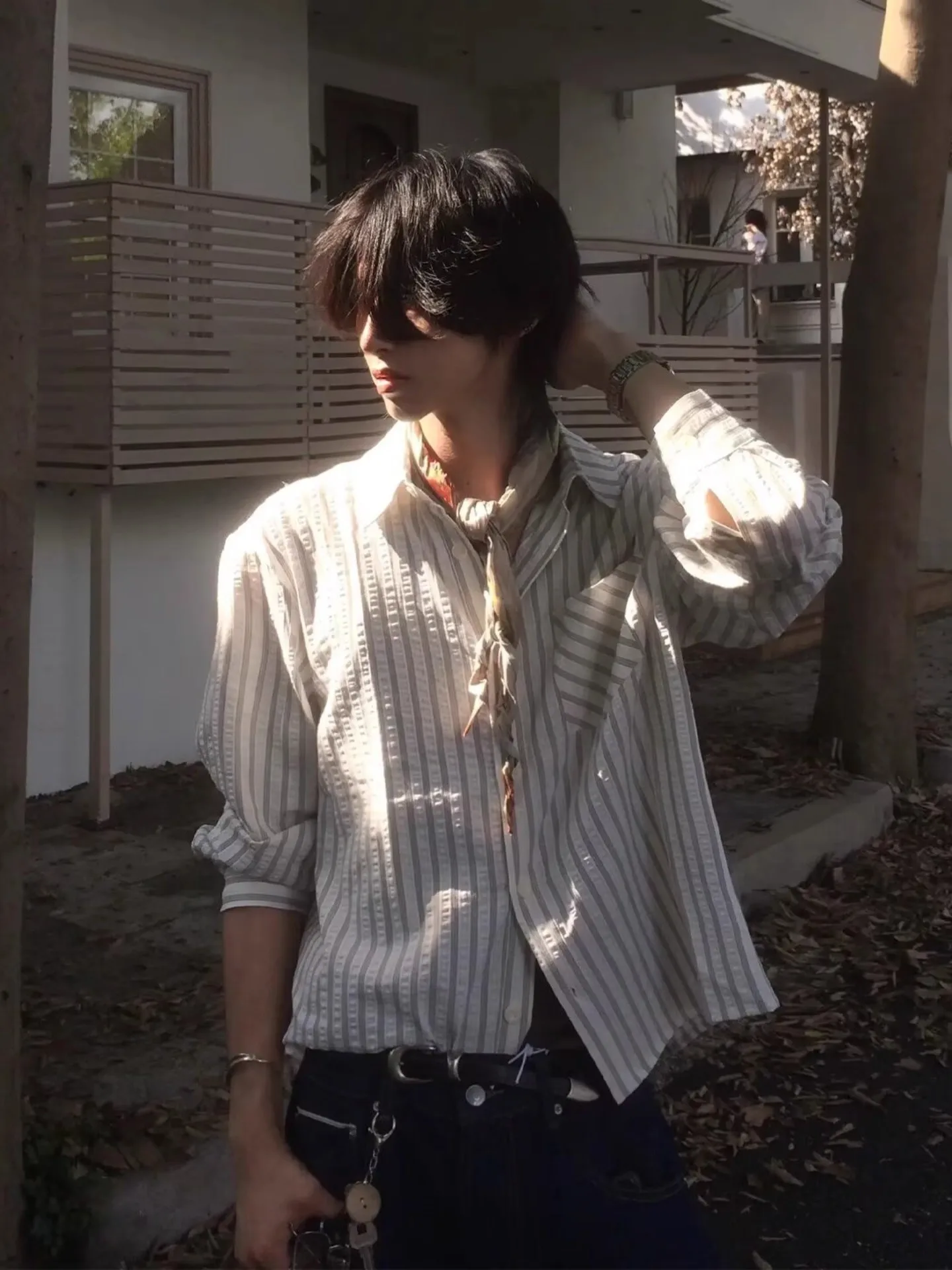 

Мужская свободная рубашка из ткани Bubble Cloth 707, высококачественная, в полоску, повседневная, дышащая, износостойкая, из полиэфирного волокна