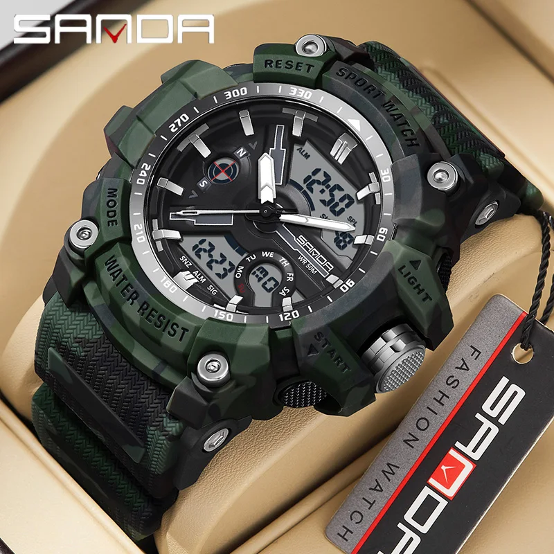 

SANDA Men's Watches Waterproof Outdoors Sports G-Style Camouflage Military Army Timing Stopwatch LED Digital Quartz Male Watch