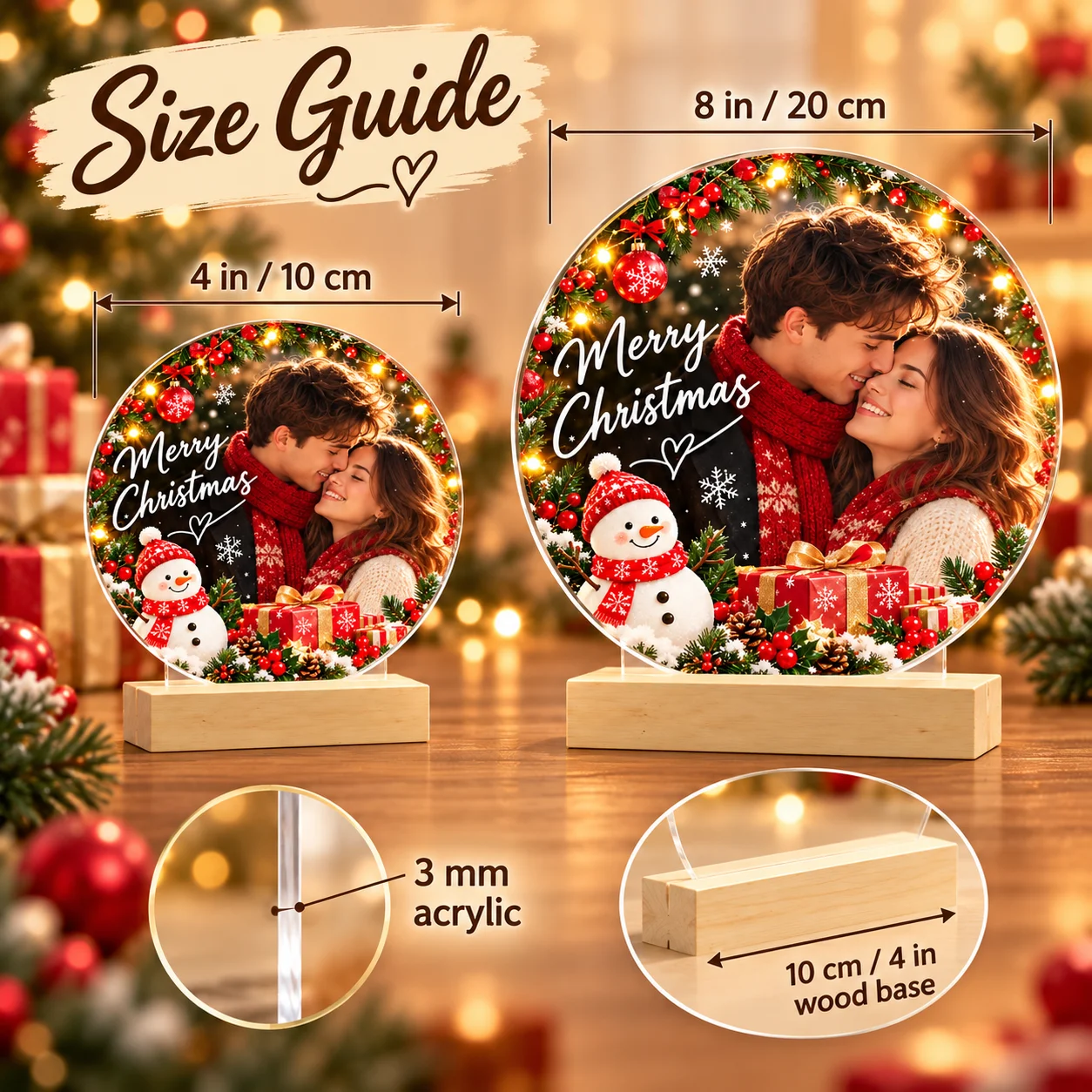 Custom Photo Round Acrylic Plaque Double Sided with Wooden Base Christmas Desk Decor Unique Friend Birthday Gift Personalized