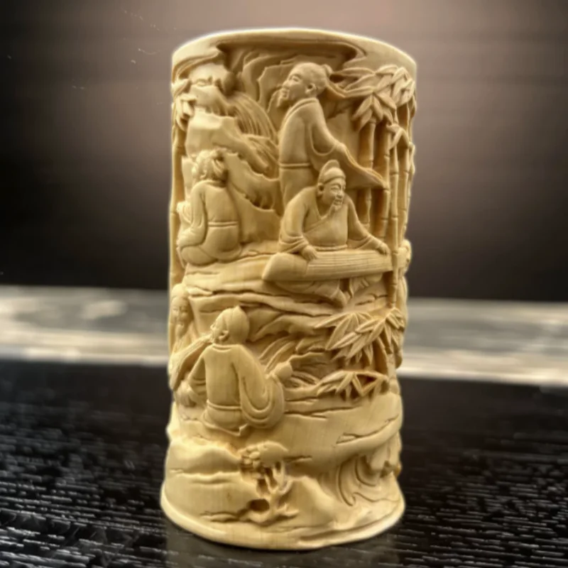 Exquisite boxwood carving The Seven Sages of the Bamboo Grove relief pen holder brush pot Chinese style home desktop decoration
