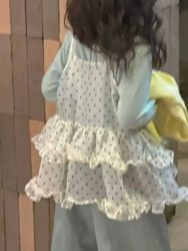 Girl's Korean Style Spring Set 2026 New Children's Western Style Polka Lace Strap Top Wide Leg Jeans 5