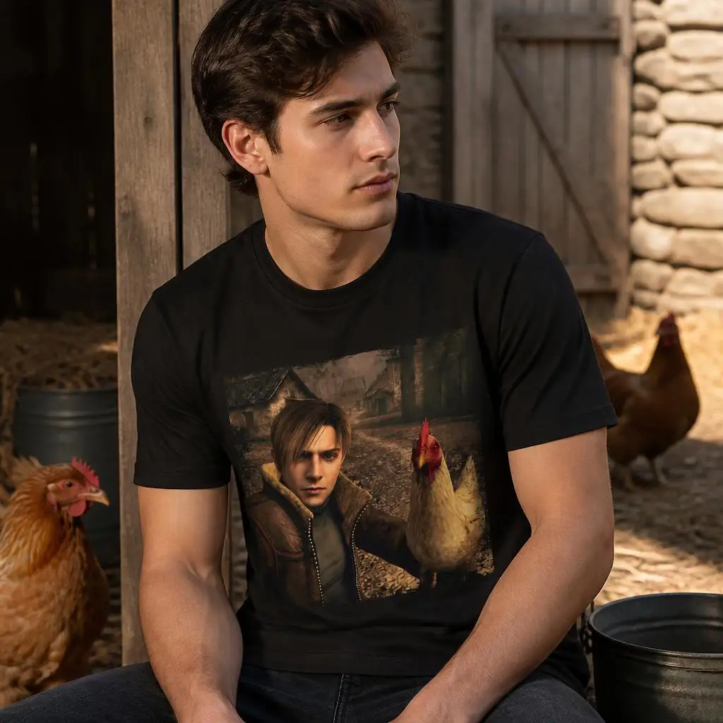 Vintage RE4 Leon Chicken Residents Evils Men Retro T Shirt 100% Cotton Clothing Fun Short Sleeve Tee Gift T-Shirts