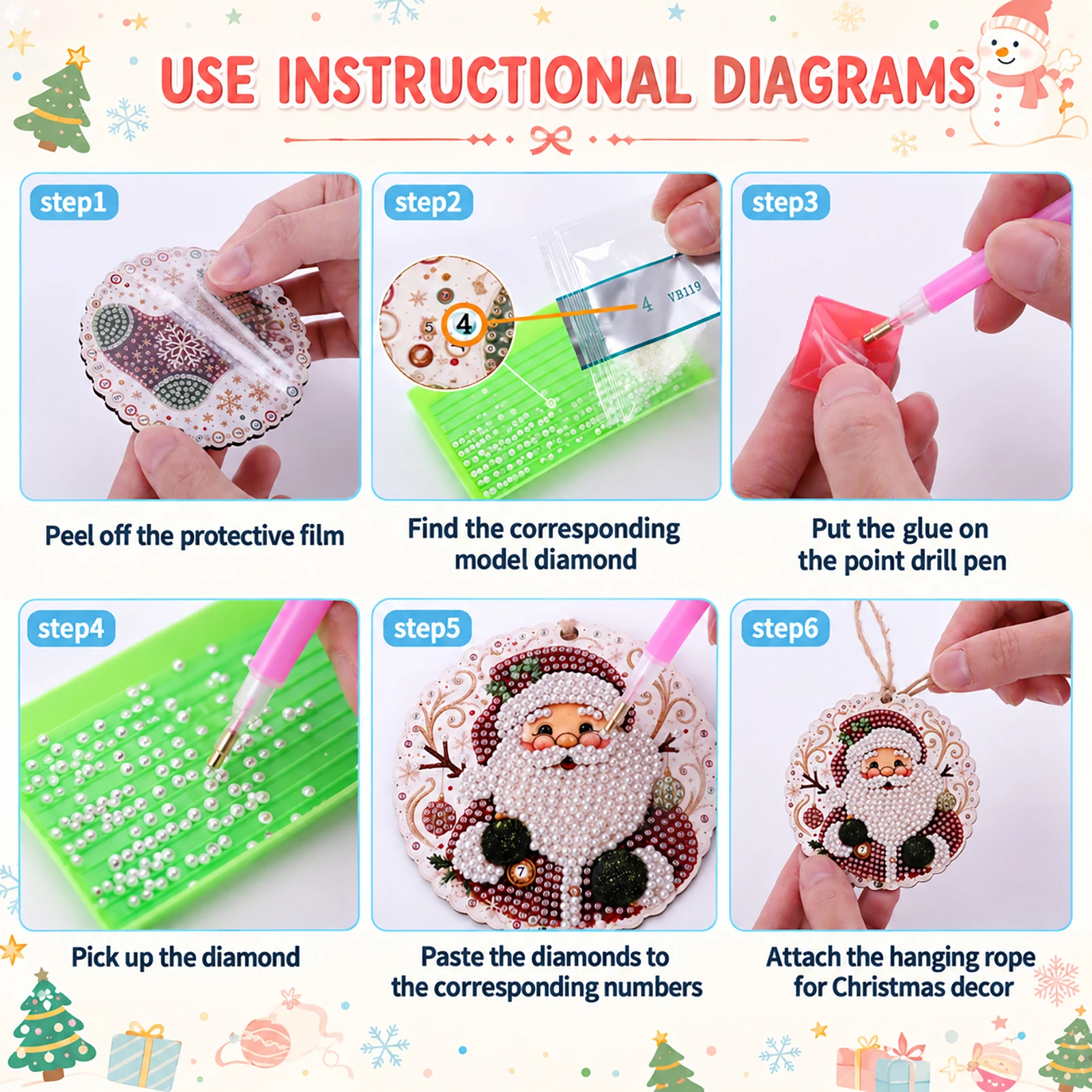 6pcs Round Wooden DIY Diamond Painting Christmas Ornaments Holiday Hanging Decor Craft Kit with Tools