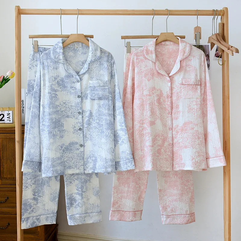 Women Cotton Gauze Lapel 2 Piece Set Home Clothes Long Sleeve Pyjamas Nightwear Pajamas Female Loose Print Sleepwear Loungewear