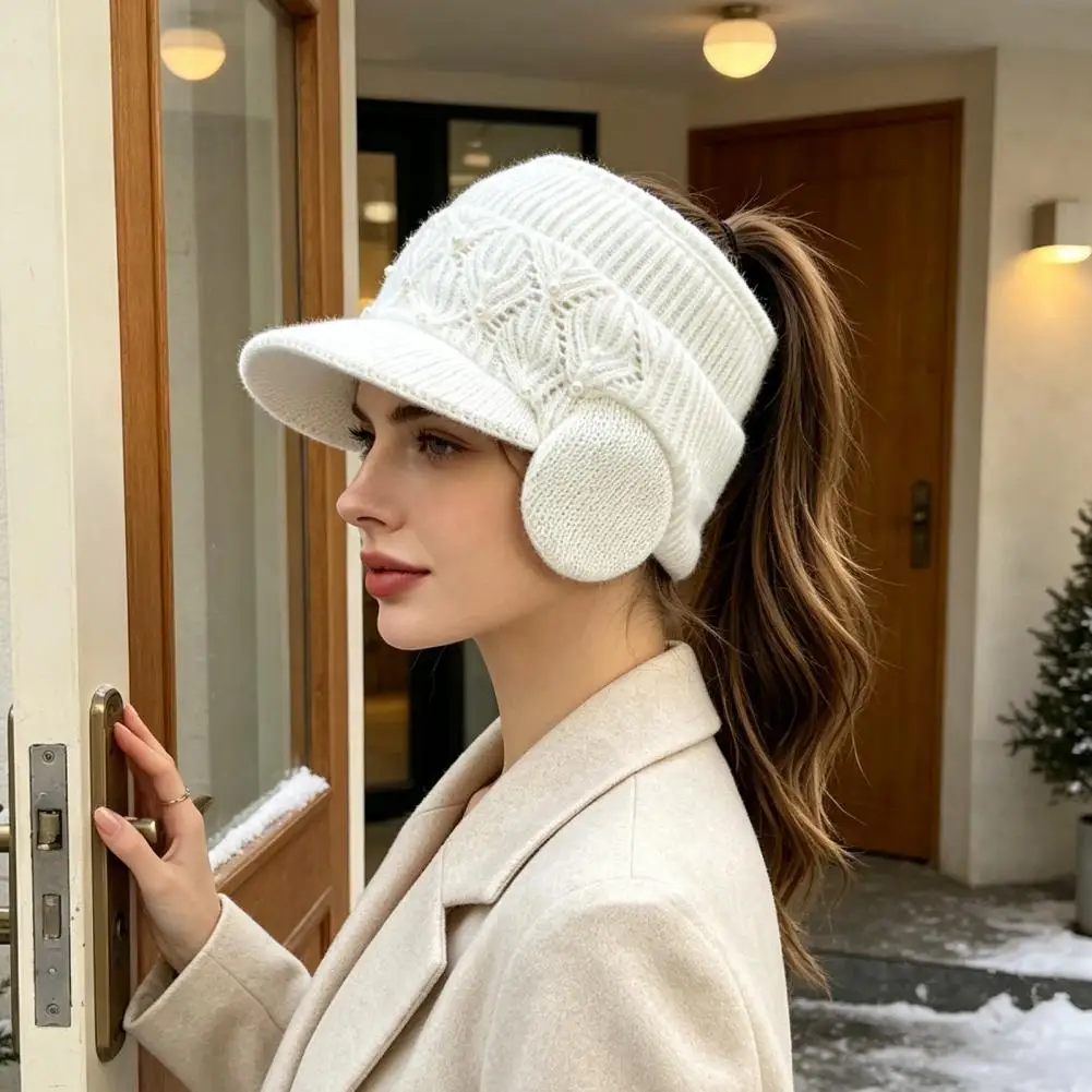 Breathable Athletic Sports Hat Winter Ponytail Hat with Ear Flaps Women’s Knitted Peaked Cap Open Top for Outdoor for Women