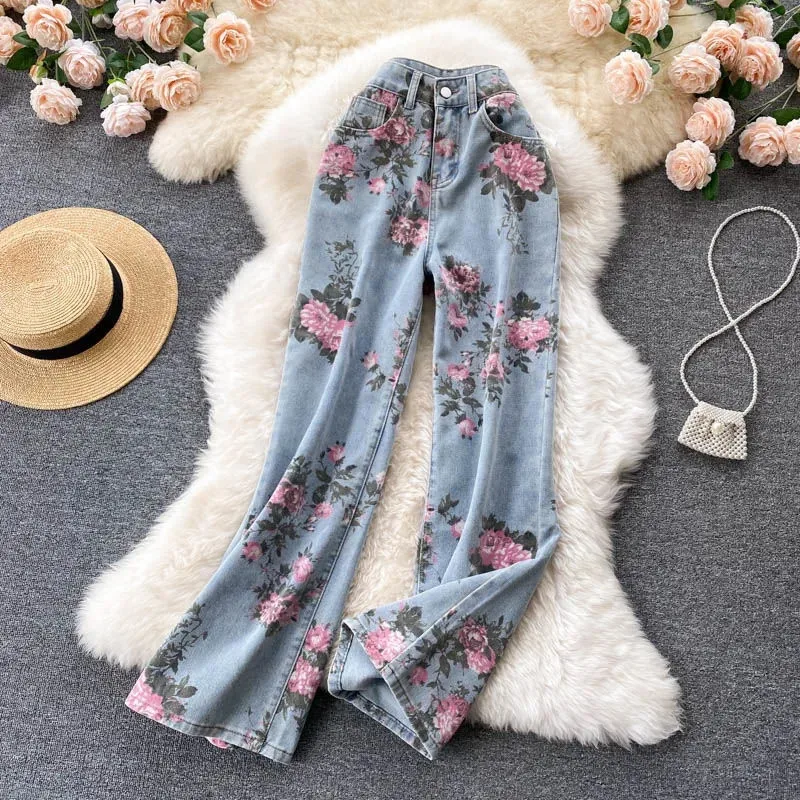 

Spring Summer Women Loose Casual High Waist Printed Jeans Femme Cotton Stretch Denim Flare Pants Ankle-Length Wide Leg Pants