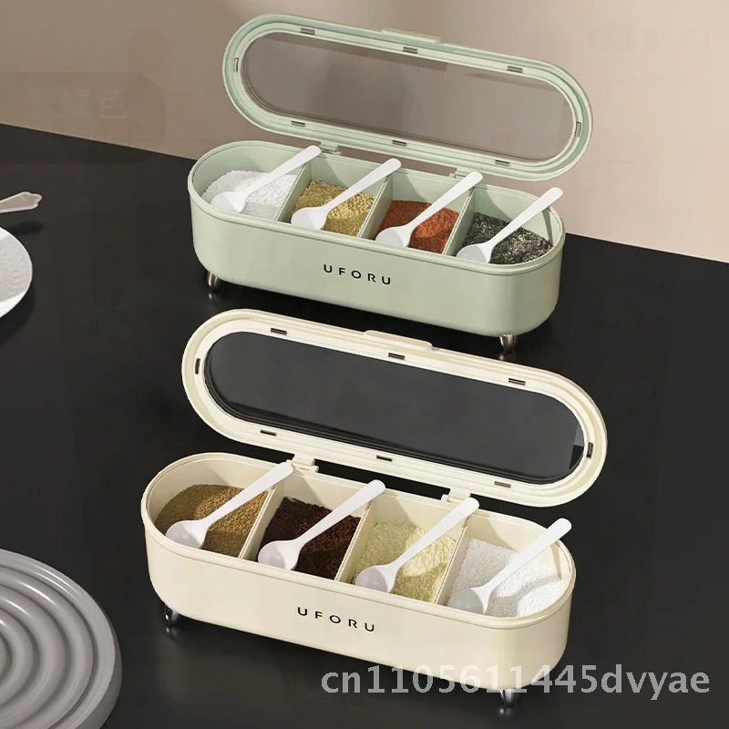 

Four-Compartment Seasoning Box Set - Kitchen Food Grade Storage Jars with Salt And MSG Compartments Modern Minimalist Design