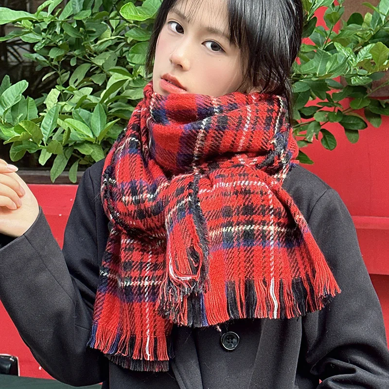 Dark Blue, Light Blue, Atmosphere, Plaid Scarf, Women's Warm Neck, Retro Versatile, Winter New Year, Christmas Red