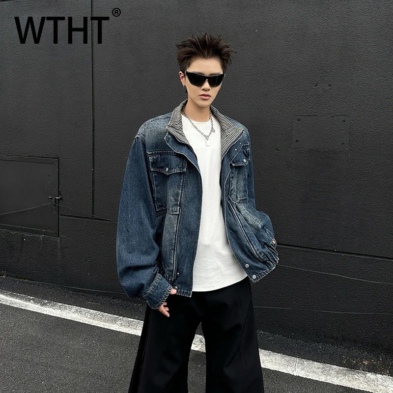 WTHT Fashion 2026 Spring Men's Gradient Fake Two-pieve Denim Coats Vintage American Style Stand Collar Loose Jackets Male 2A1314