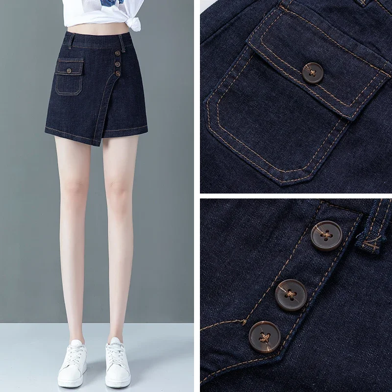 2022 Spring Fall Women Irregular Blue Denim Shorts Skirts , Woman Clothes Stretchy High Waisted 3xl 4xl Jeans Shorts