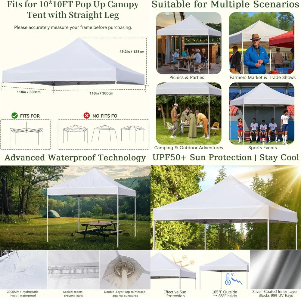 

10x10 Pop Up Tent Canopy Replacement Top, 3000mm Water Resistant, 500D Waterproof with UV Protection, Silver Coating, Includes 4