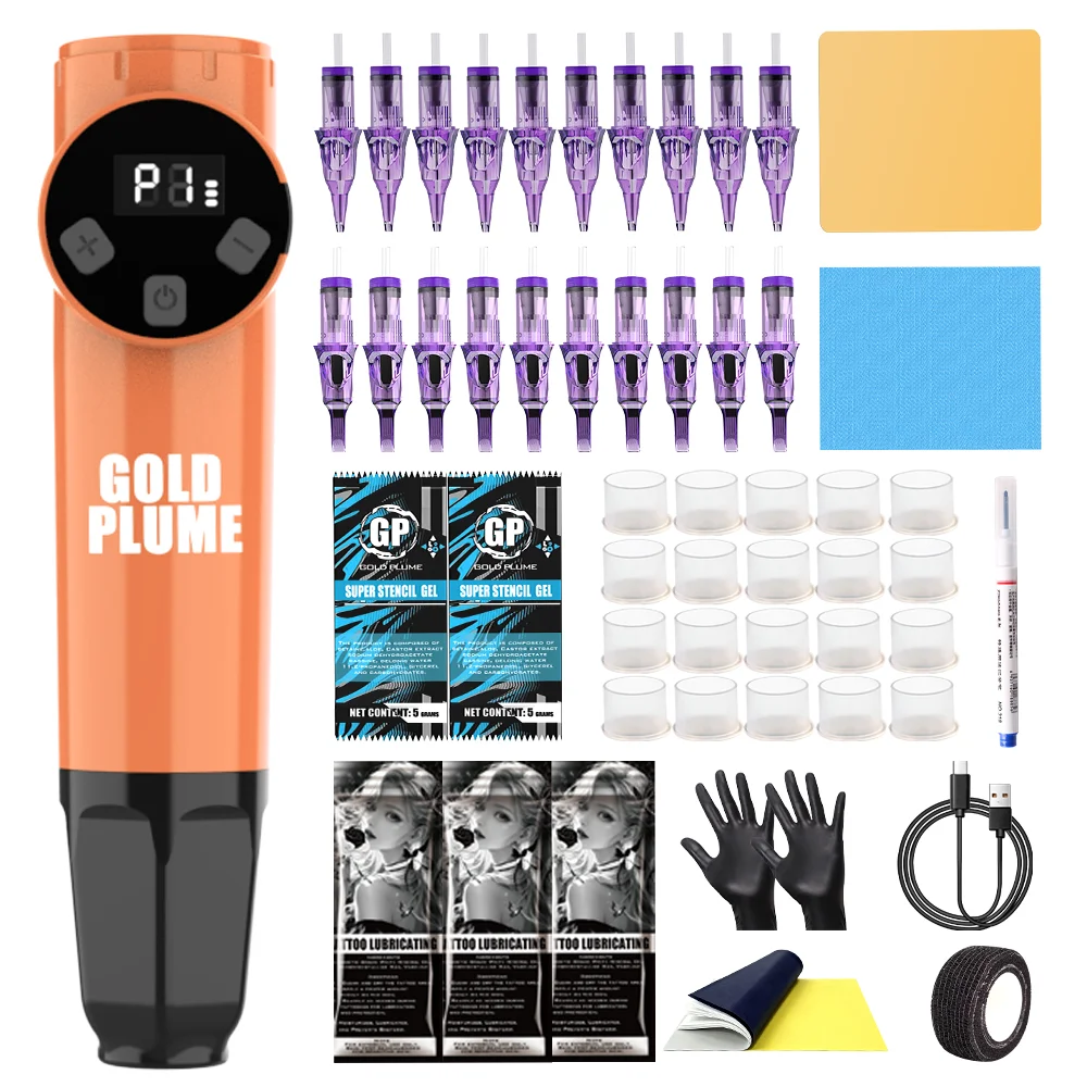 GOLD PLUME Wireless Tattoo Pen Kit, LED Rotary Tattoo Machine, Cartridge Needles & Practice Skin Complete Tattoo Starter Kit