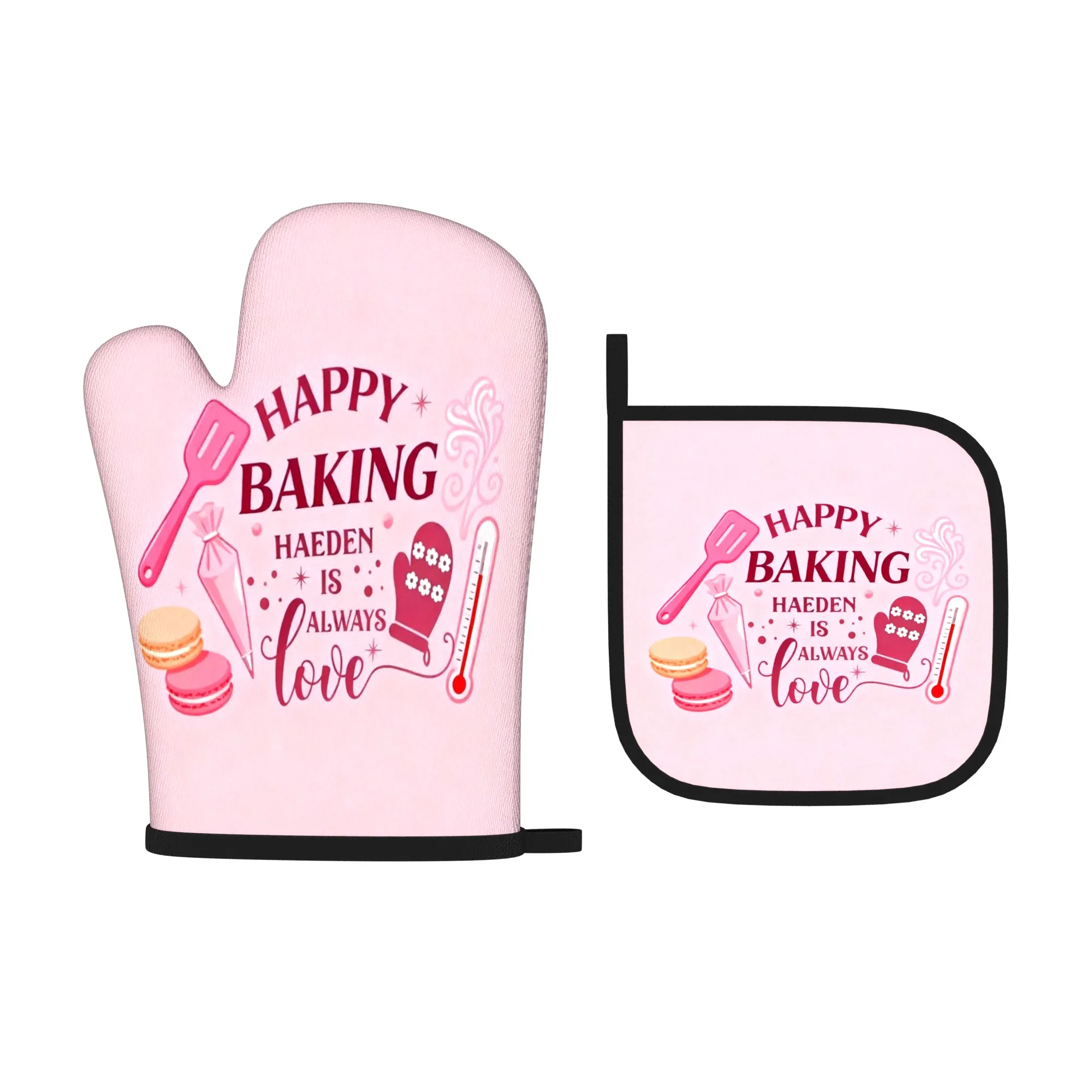 2pcs Heat-Resistant Oven Mitts and Potholders - Pinkish-Purple Pink with English Text, Kitchen Mittens Suitable for Baking
