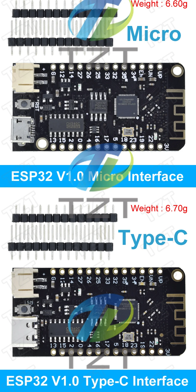 TZT ESP32 Lite V1.0.0 WIFI+Bluetooth Entwicklungsboard mit Antenne ESP32 ESP-32 REV1 CH340G MicroPython 4MB Micro USB für Arduino – Detail 4