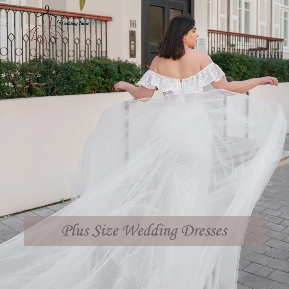 Abiti da sposa classici con spalle scoperte Abiti da sposa taglie forti Appliques sul retro Lace Up A-Line Sweep Train Tulle Vestido De Novia